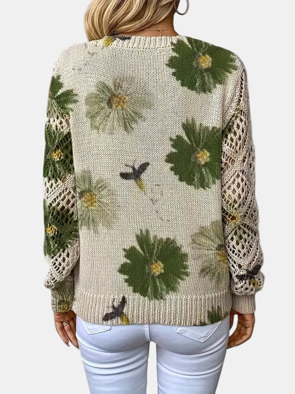 Comfortable Floral Crochet Sweater for Women with V Neck Long Sleeve Relaxed Oversized Knit Style