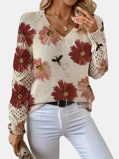 Comfortable Floral Print Sweater for Women with V Neck Long Sleeve Crochet Panel Oversized Knit Style