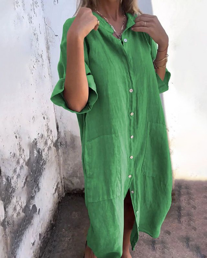 Effortless Linen Shirt Dress for Women with Collar Short Sleeve Button Front Relaxed Style