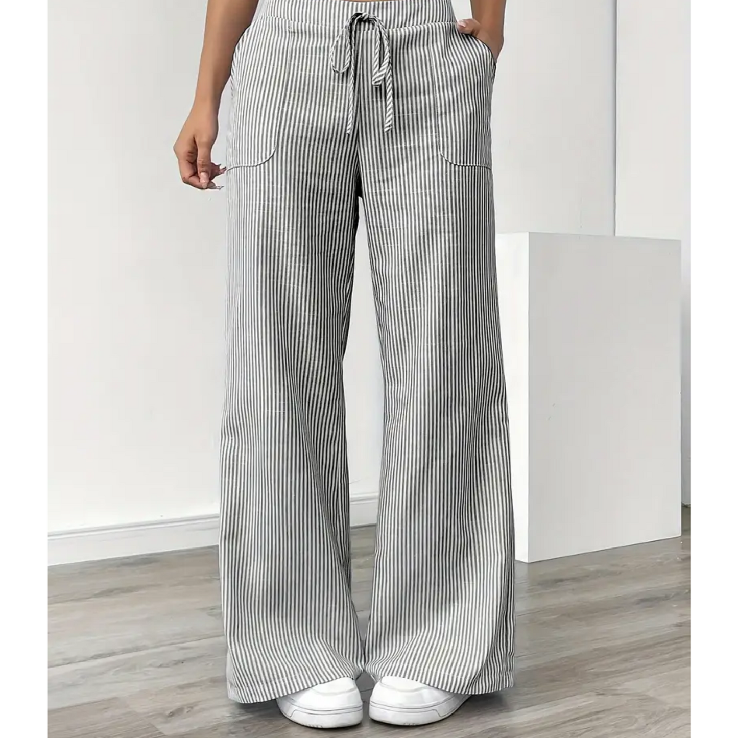 Effortless Striped Linen Wide Leg Pants for Women with High Waist Drawstring Relaxed Flowing Casual Style