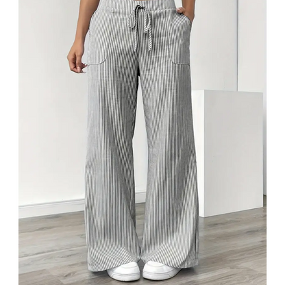 Effortless Striped Linen Wide Leg Pants for Women with High Waist Drawstring Relaxed Flowing Casual Style