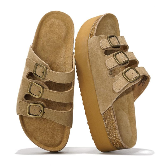 Comfortable Platform Sandals for Women with Triple Buckle Strap Cork Footbed Slide Style