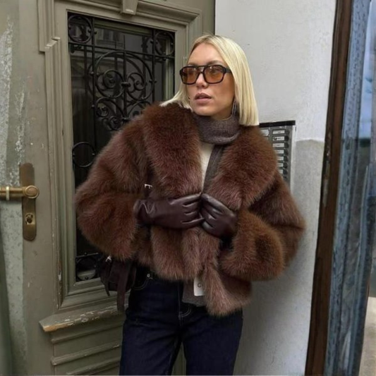 Elegant Faux Fur Jacket for Women with Shawl Collar Long Sleeve Oversized Cropped Style
