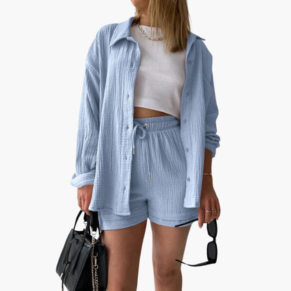 Effortless Textured Cotton Two Piece Set for Women with Collared Long Sleeve Button Front Drawstring Shorts Relaxed Style