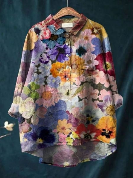Effortless Floral Print Blouse for Women with Collar Long Sleeve Button Front Relaxed Curved Hem Style