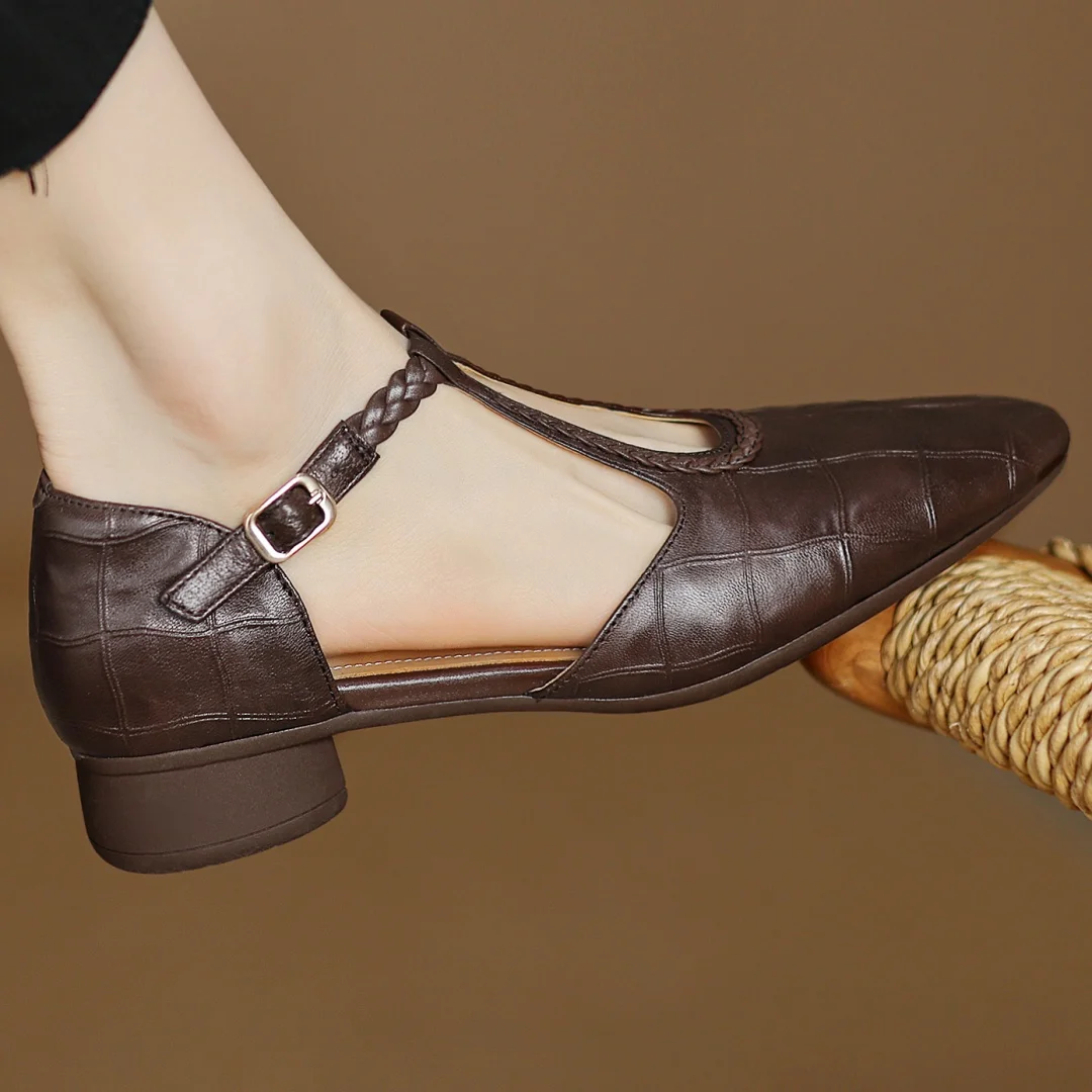 Elegant Croc Embossed T-Strap Flats for Women with Pointed Toe Braided Strap Buckle Closure Style