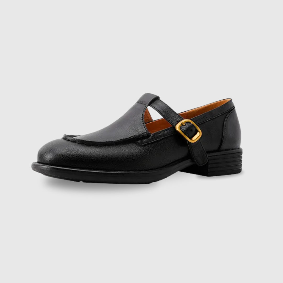 Elegant Leather Mary Jane Flats for Women with T Strap Buckle Round Toe Vintage Style