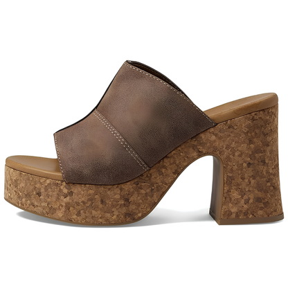 Comfortable Mules Heels for Women with Wide Band Cork Platform Block Heel Open Toe Style