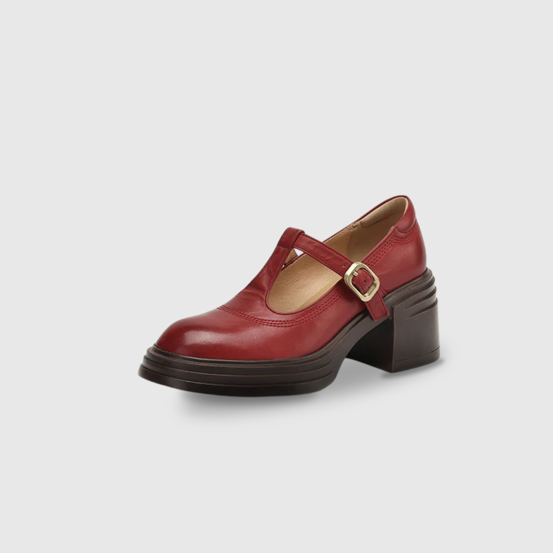 Elegant Leather Mary Jane Platform Heels for Women with T Strap Buckle Round Toe Chunky Heel Style