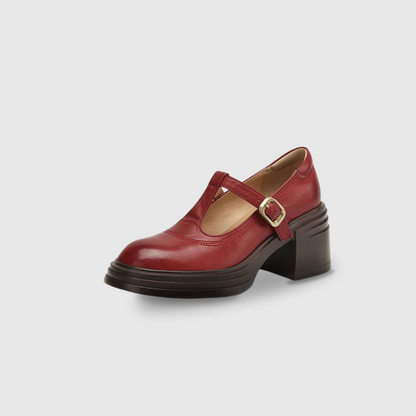 Elegant Leather Mary Jane Platform Heels for Women with T Strap Buckle Round Toe Chunky Heel Style