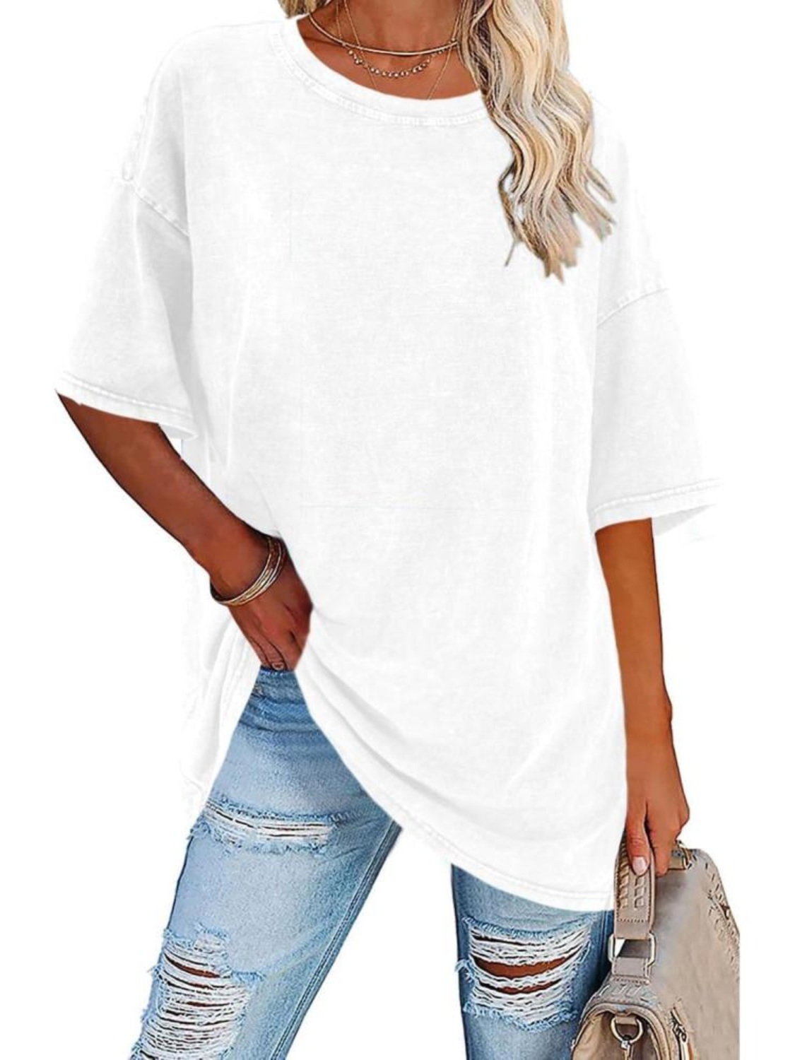 Comfortable Washed Tunic Top for Women with Crew Neck Half Sleeve Oversized Relaxed Casual Style