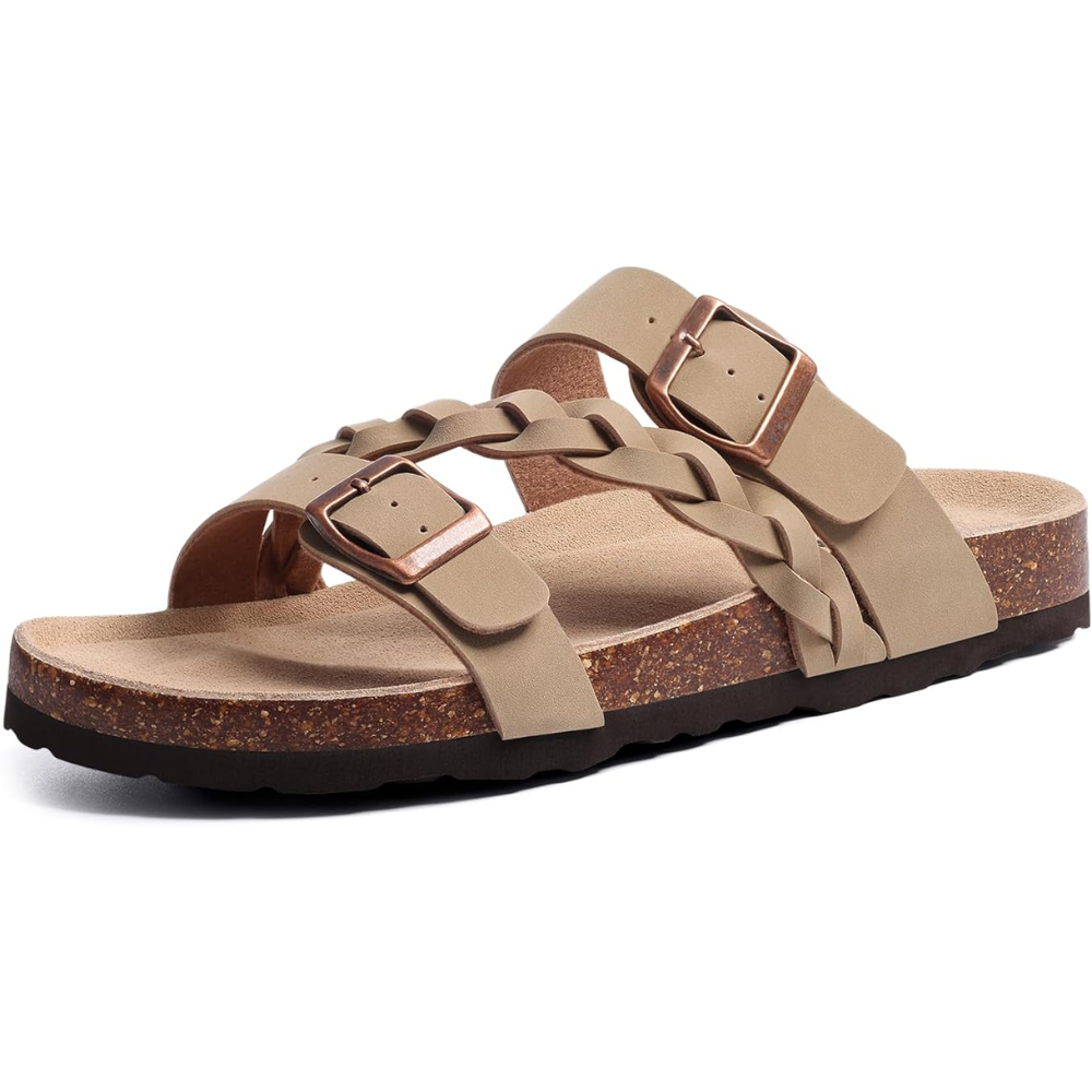 Effortless Braided Buckle Slide Sandal for Women with Cork Footbed Double Strap Casual Style