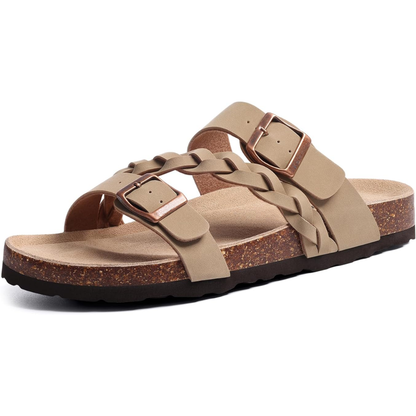 Effortless Braided Buckle Slide Sandal for Women with Cork Footbed Double Strap Casual Style