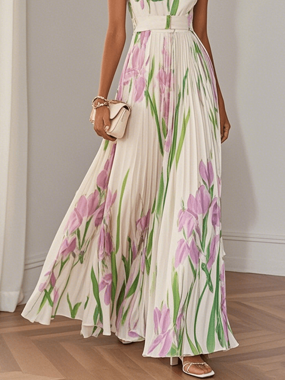 Elegant Floral Maxi Dress for Women with Square Neck Sleeveless Pleated Belted Flowing Style