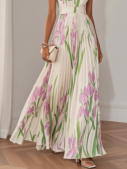 Elegant Floral Maxi Dress for Women with Square Neck Sleeveless Pleated Belted Flowing Style