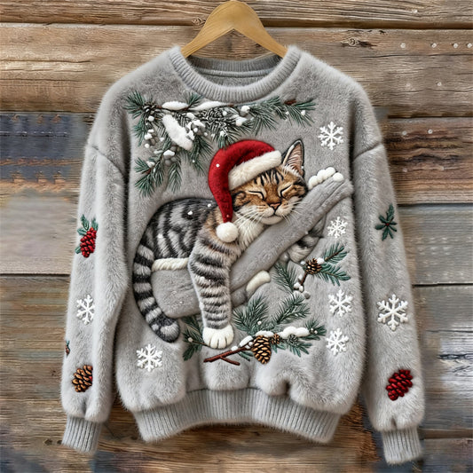 Comfortable Christmas Cat Print Sweater for Women with Crew Neck Long Sleeve Embroidered Fuzzy Knit Style