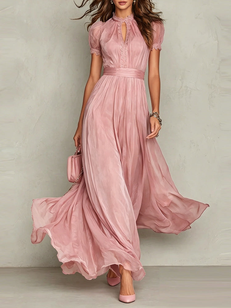Elegant Chiffon Maxi Dress for Women with High Neck Keyhole Short Sleeve Lace Trim Flowing Style