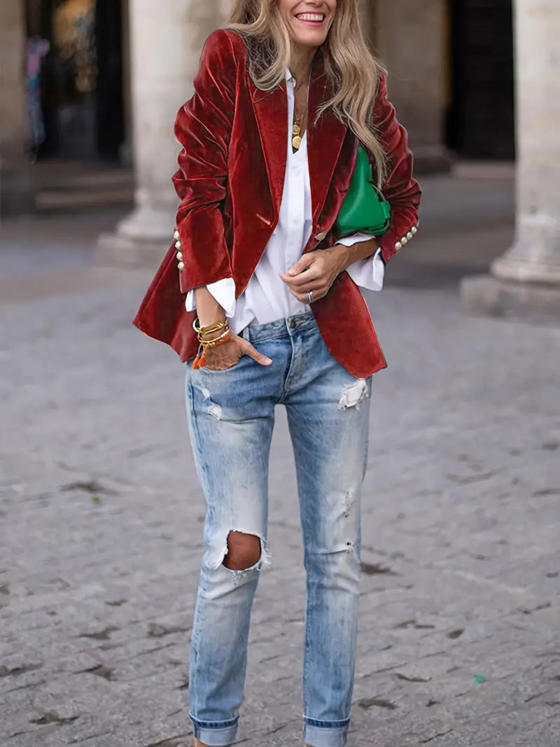 Elegant Velvet Blazer for Women with Notch Lapel Long Sleeve Single Button Tailored Style