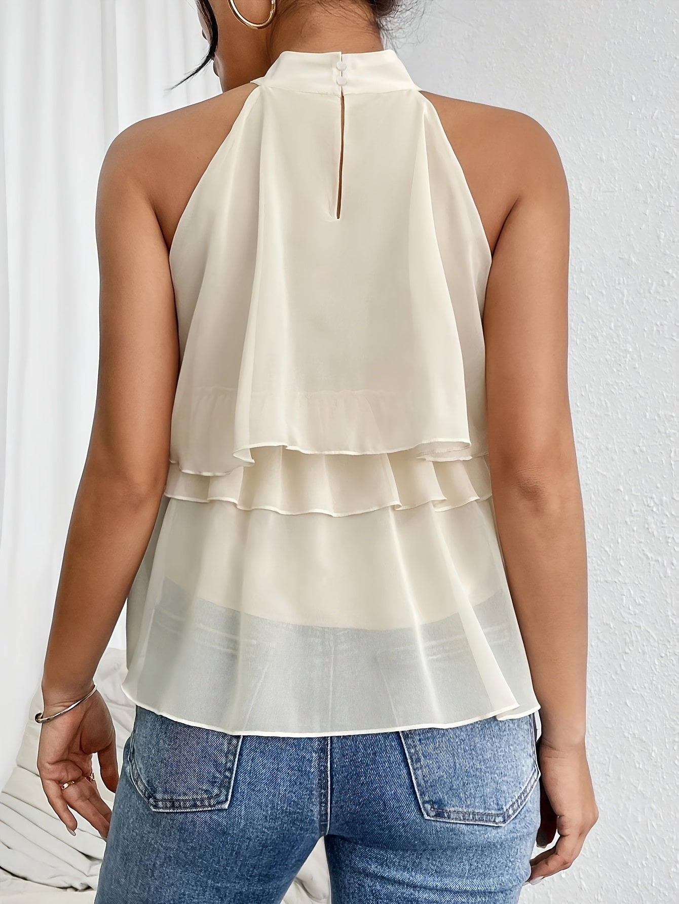Elegant Beige Chiffon Blouse for Women with Halter Neck Tiered Ruffle Flowing Style
