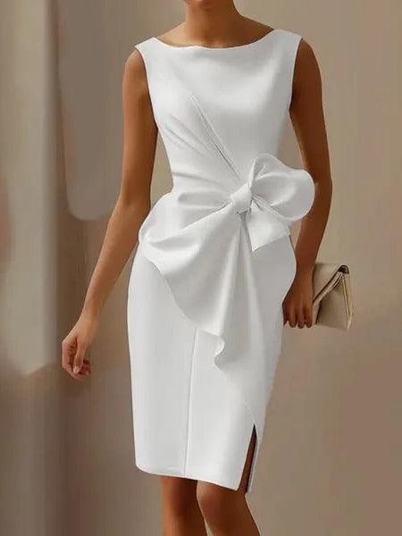 Elegant Satin Midi Dress for Women with Boat Neck Sleeveless Bow Waist Bodycon Cocktail Style
