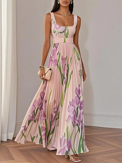 Elegant Floral Maxi Dress for Women with Square Neck Sleeveless Pleated Belted Flowing Style