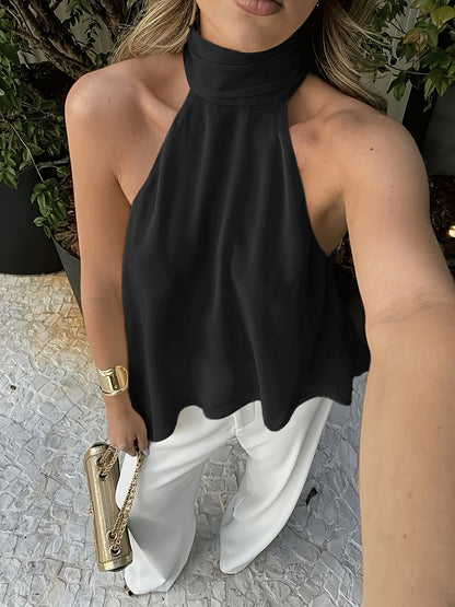 Effortless Silky Halter Top for Women with Mock Neck Sleeveless Handkerchief Hem Flowing Style