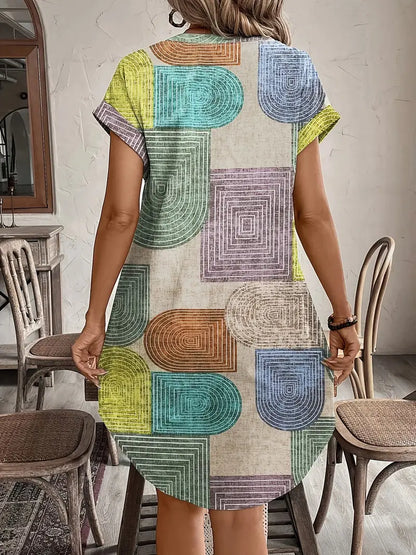 Effortless Multicolor Geometric Print Shirt Dress for Women with V Neck Short Sleeve Button Front Boho Style