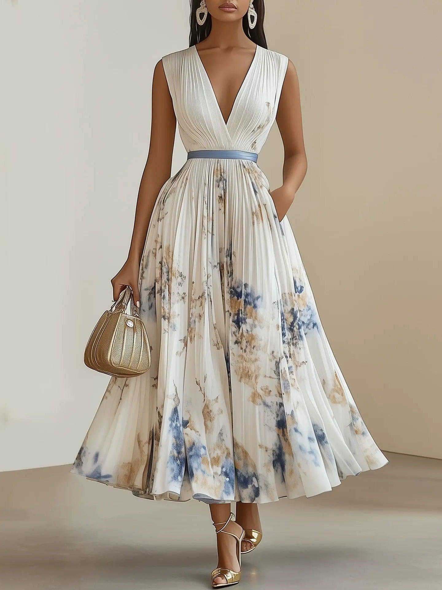 Elegant White Floral Midi Dress for Women with V Neck Sleeveless Pleated Belted Flowing Style