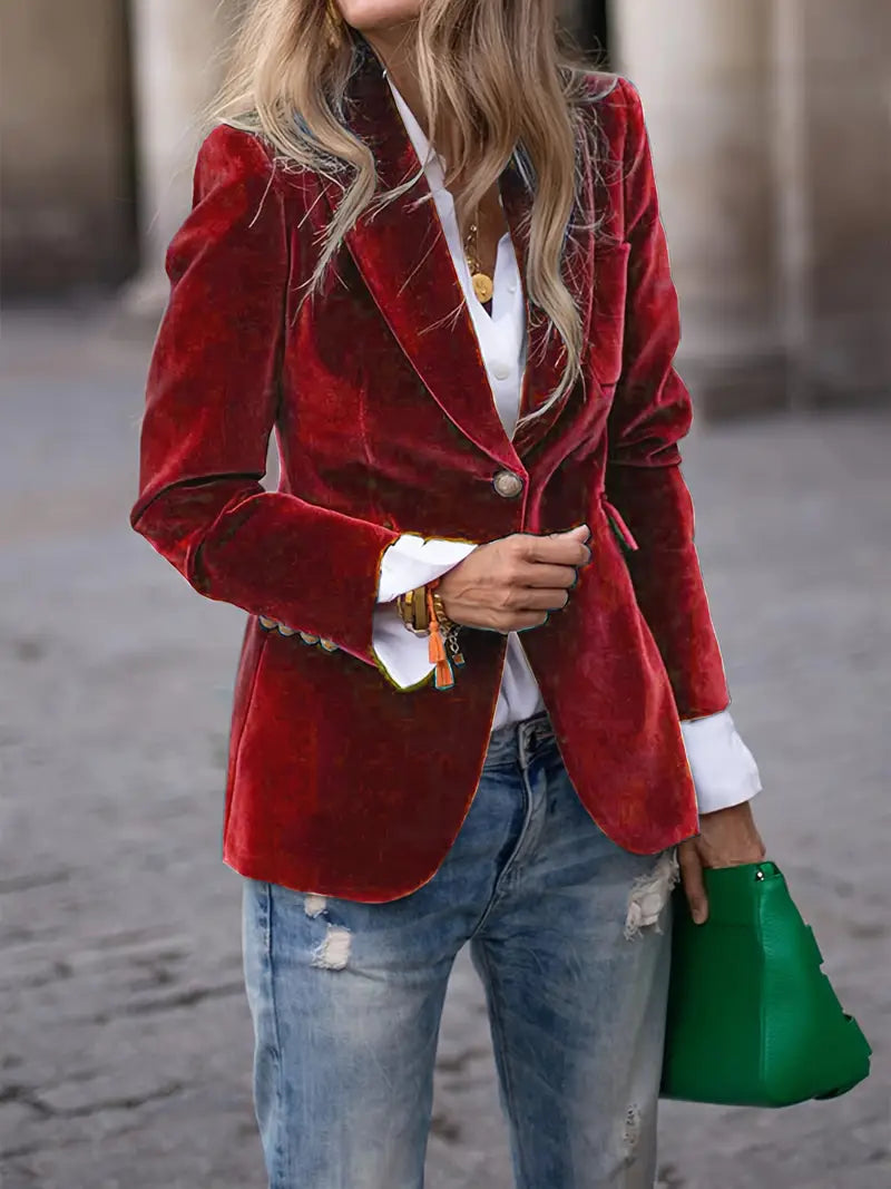Elegant Velvet Blazer for Women with Notch Lapel Long Sleeve Single Button Tailored Style