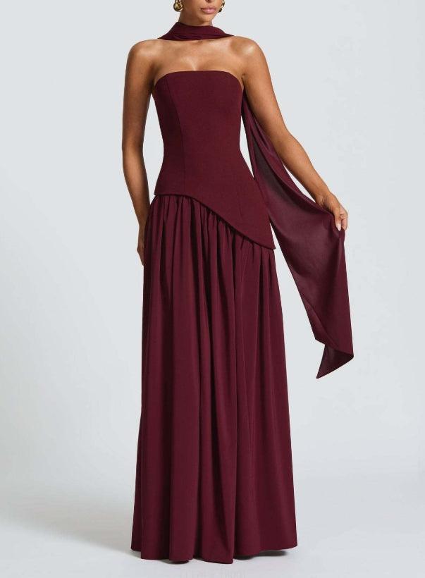 Elegant Draped Maxi Dress for Women with Strapless Scarf Neck Asymmetrical High Slit Column Style