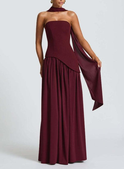Elegant Draped Maxi Dress for Women with Strapless Scarf Neck Asymmetrical High Slit Column Style