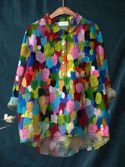 Effortless Floral Blouse for Women with Collar Long Sleeve Button Front High Low Hem Relaxed Style