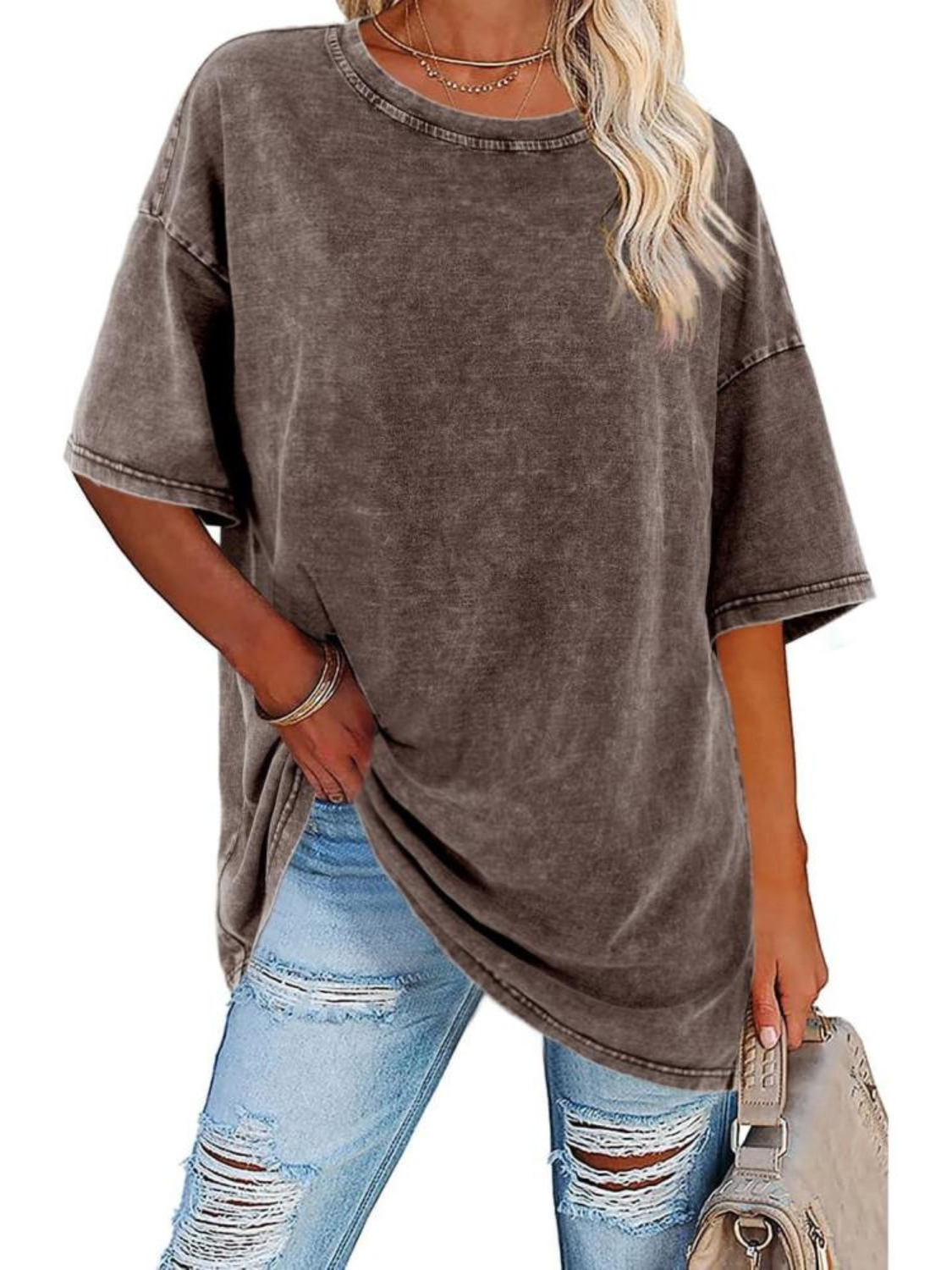 Comfortable Washed Tunic Top for Women with Crew Neck Half Sleeve Oversized Relaxed Casual Style