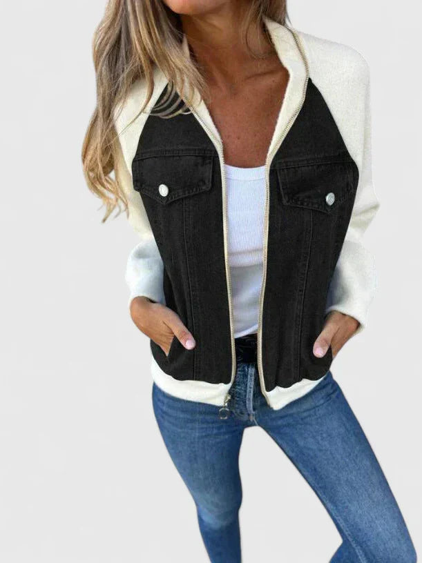 Effortless Denim Jacket for Women with Zip Front Raglan Sleeve Colorblock Casual Style