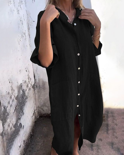 Effortless Linen Shirt Dress for Women with Collar Short Sleeve Button Front Relaxed Style