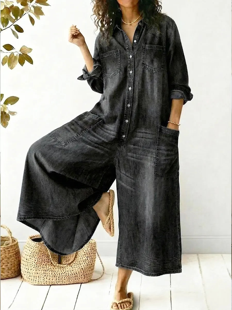 Effortless Denim Wide Leg Jumpsuit for Women with Collar Long Sleeve Button Front Patch Pocket Casual Style