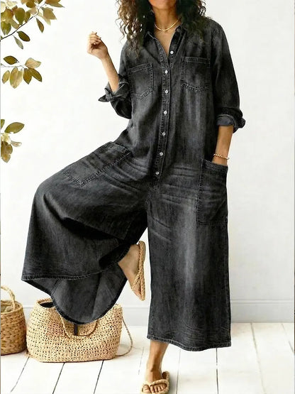 Effortless Denim Wide Leg Jumpsuit for Women with Collar Long Sleeve Button Front Patch Pocket Casual Style