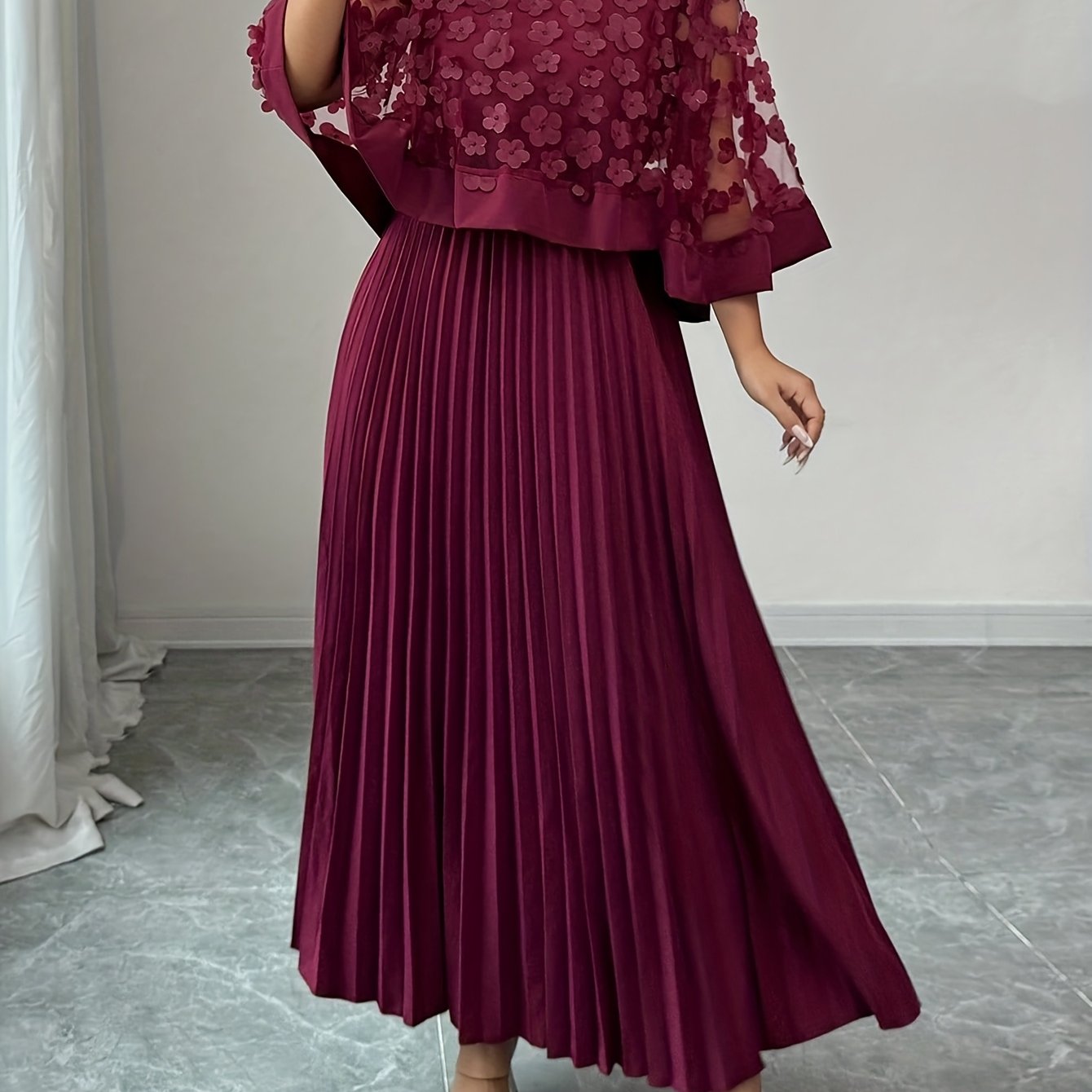 Elegant Floral Mesh Two Piece Set for Women with Round Neck Flutter Sleeve Pleated Maxi Skirt Formal Style