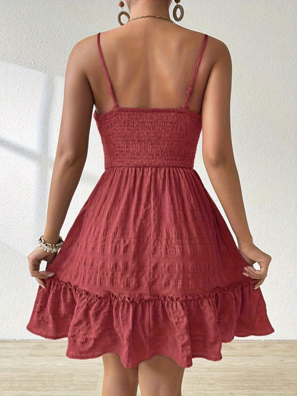 Effortless Textured Mini Dress for Women with Square Neck Spaghetti Strap Smocked Tiered Ruffle Boho Style