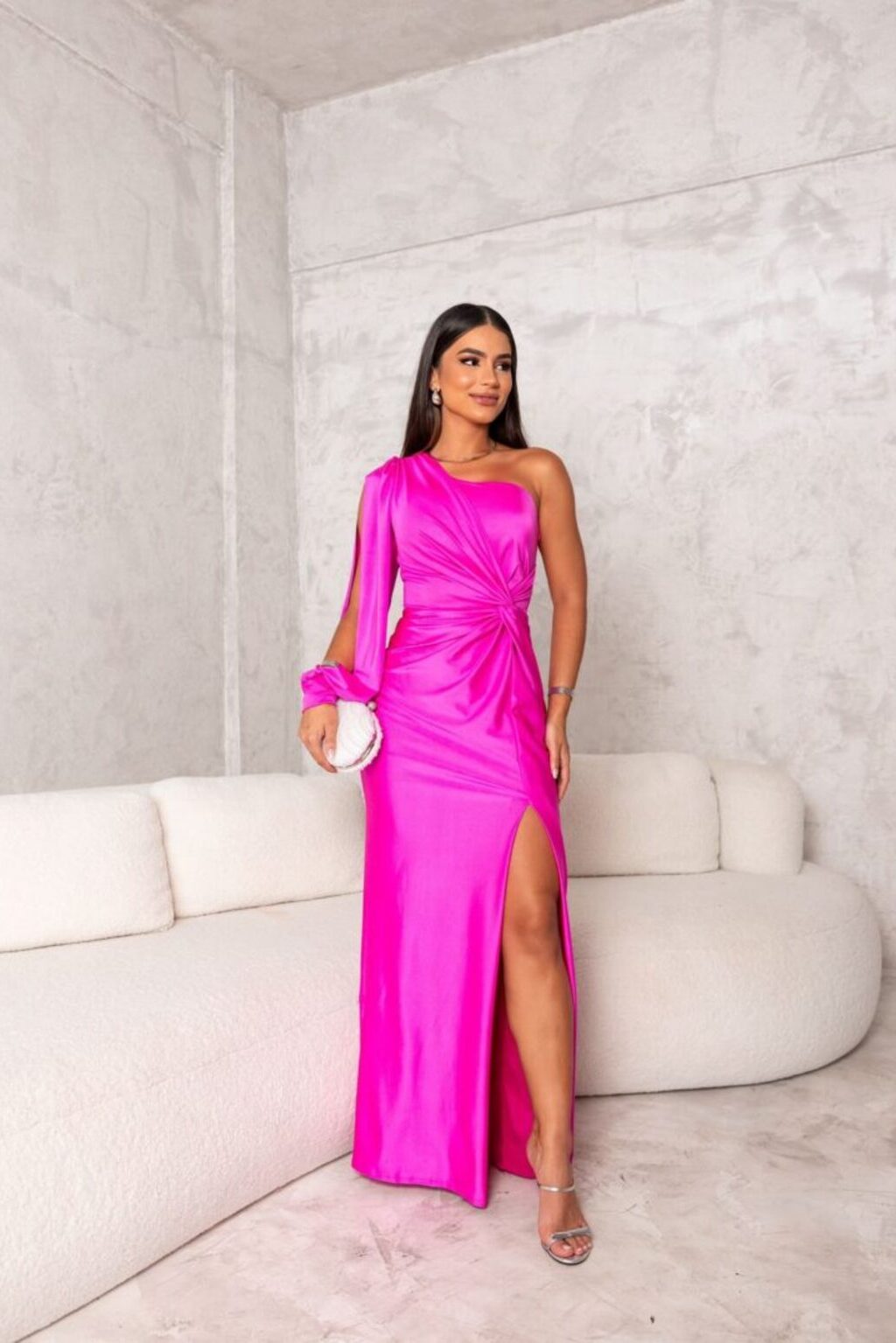 Elegant Satin Maxi Dress for Women with One Shoulder Long Sleeve Twist Front High Slit Formal Style