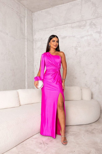 Elegant Satin Maxi Dress for Women with One Shoulder Long Sleeve Twist Front High Slit Formal Style