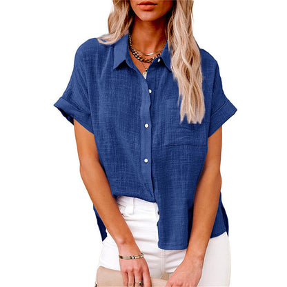 Effortless Linen Blouse for Women with Collar Short Sleeve Button Front Relaxed Style