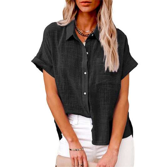 Effortless Linen Blouse for Women with Collar Short Sleeve Chest Pocket Relaxed Style