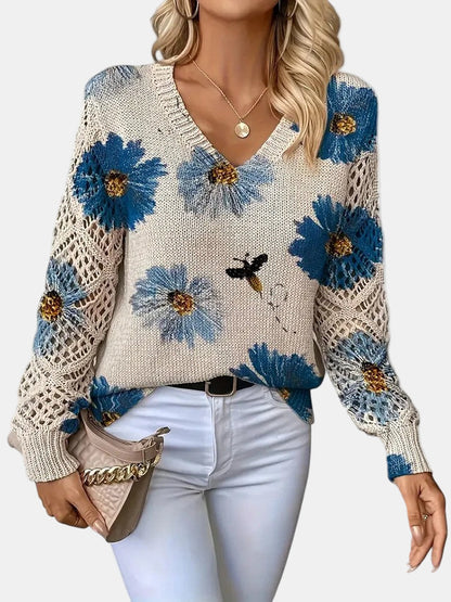 Comfortable Floral Crochet Sweater for Women with V Neck Long Sleeve Relaxed Oversized Knit Style