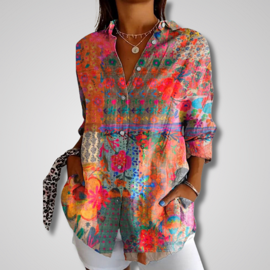 Effortless Patchwork Floral Blouse for Women with Collar Long Sleeve Button Front Oversized Boho Style