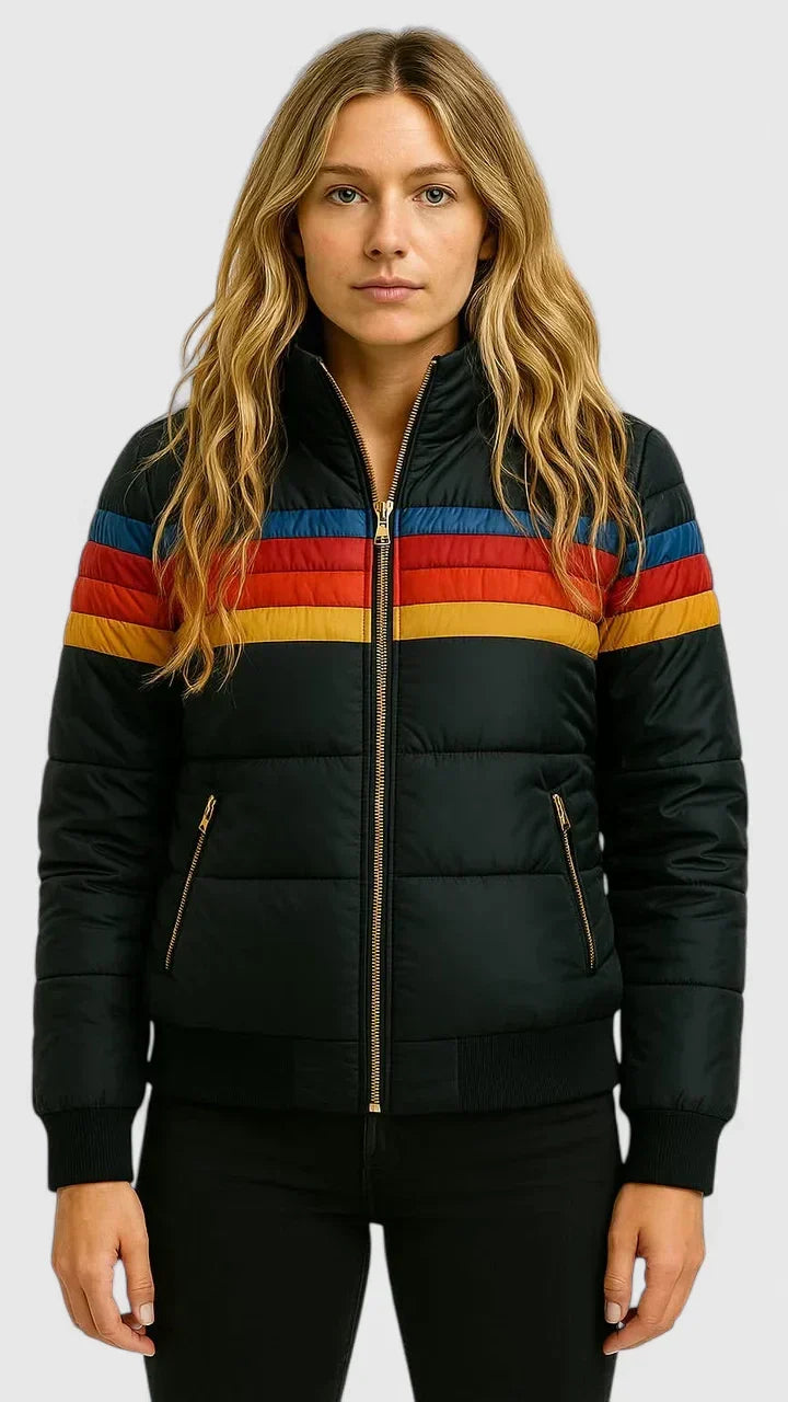 Effortless Rainbow Stripe Puffer Jacket for Women with Stand Collar Long Sleeve Zip Front Quilted Casual Style