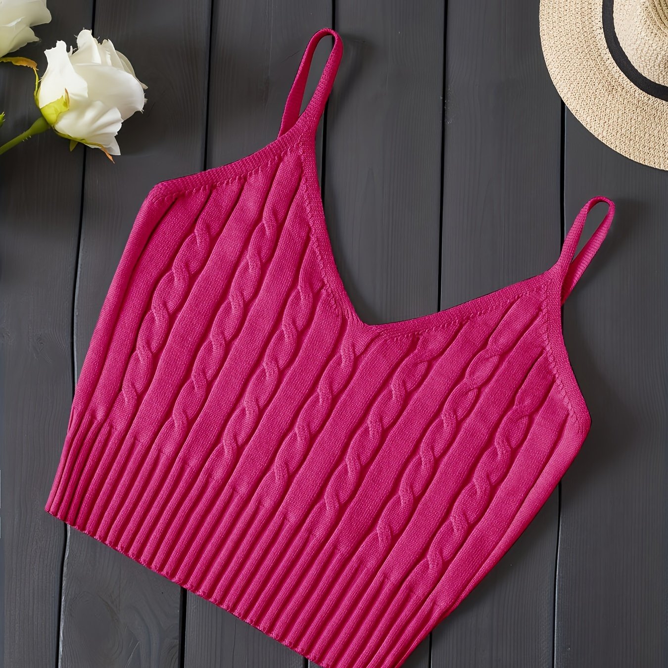 Effortless Cable Knit Tank for Women with V Neck Sleeveless Cropped Ribbed Casual Style
