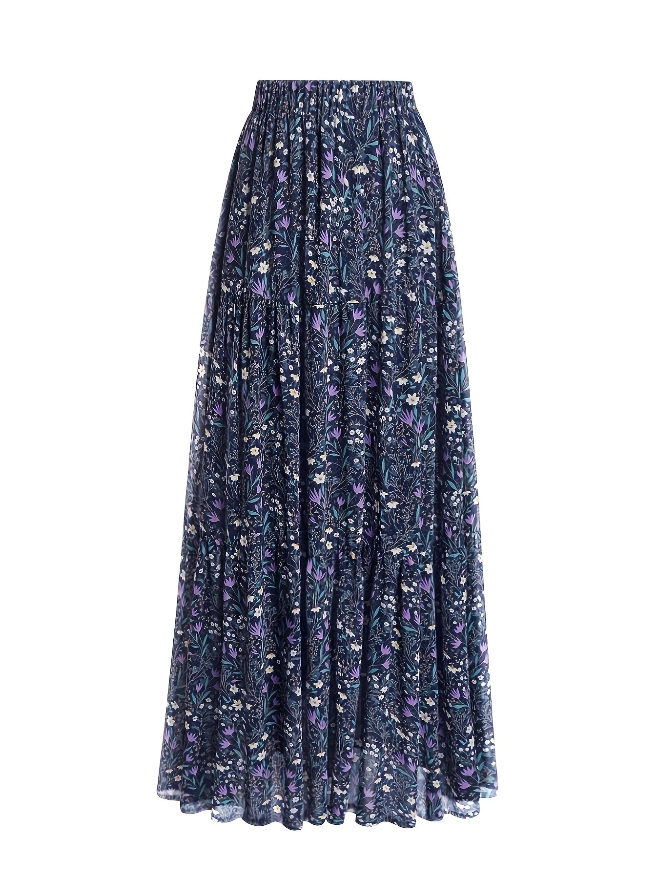 Effortless Blue Floral Maxi Skirt for Women with Elastic Waist Tiered Ruffle Bohemian Style