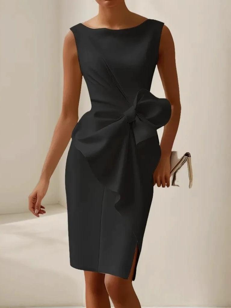 Elegant Satin Midi Dress for Women with Boat Neck Sleeveless Bow Waist Bodycon Cocktail Style