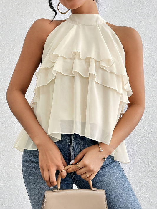 Elegant Beige Chiffon Blouse for Women with Halter Neck Tiered Ruffle Flowing Style